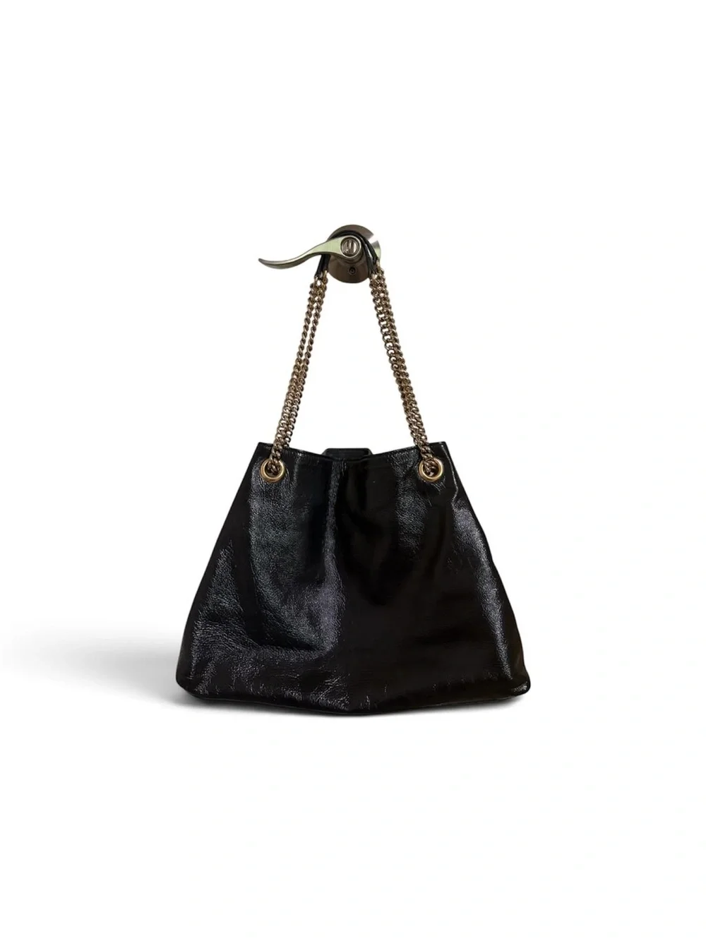 Gucci Soho Chain Tote Black Pebbled Leather Large GG Tassel Shoulder Bag
